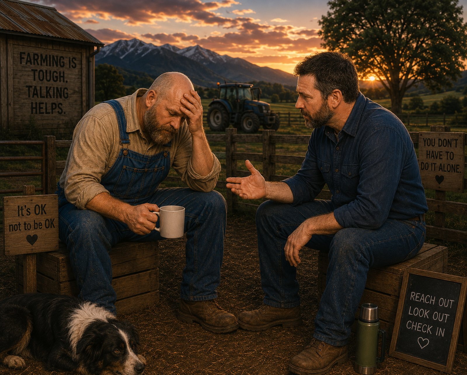 Two farmers sit talking on wooden crates at sunset on a New Zealand farm, with signs reading 'it's OK not to be OK' and 'you don't have to do it alone' in the background, a dog resting nearby