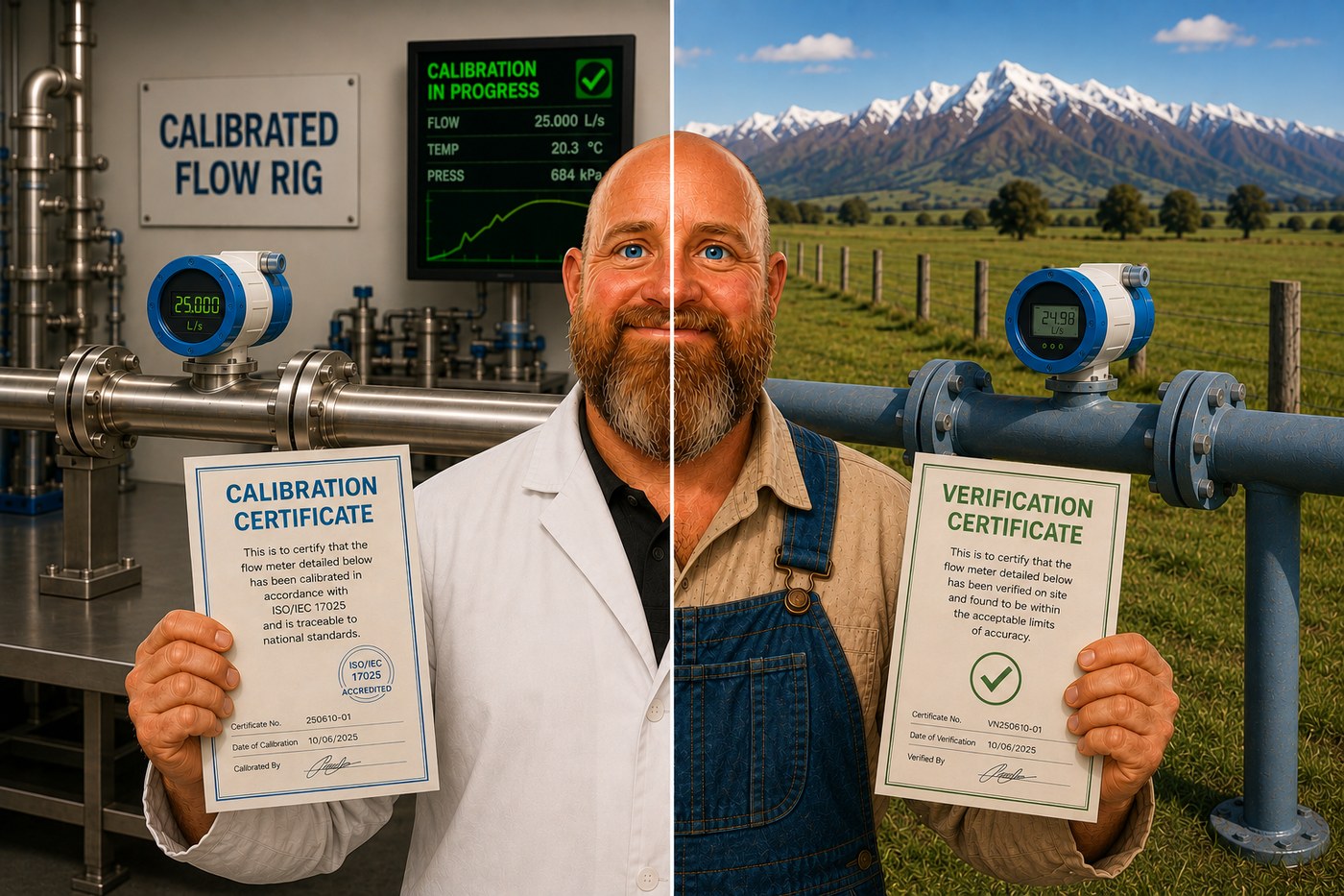 Split image comparing lab calibration and field verification of a flow meter