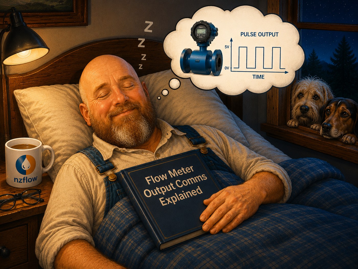 A technician dreaming about flow meter output types, with a pulse output waveform shown in a thought bubble