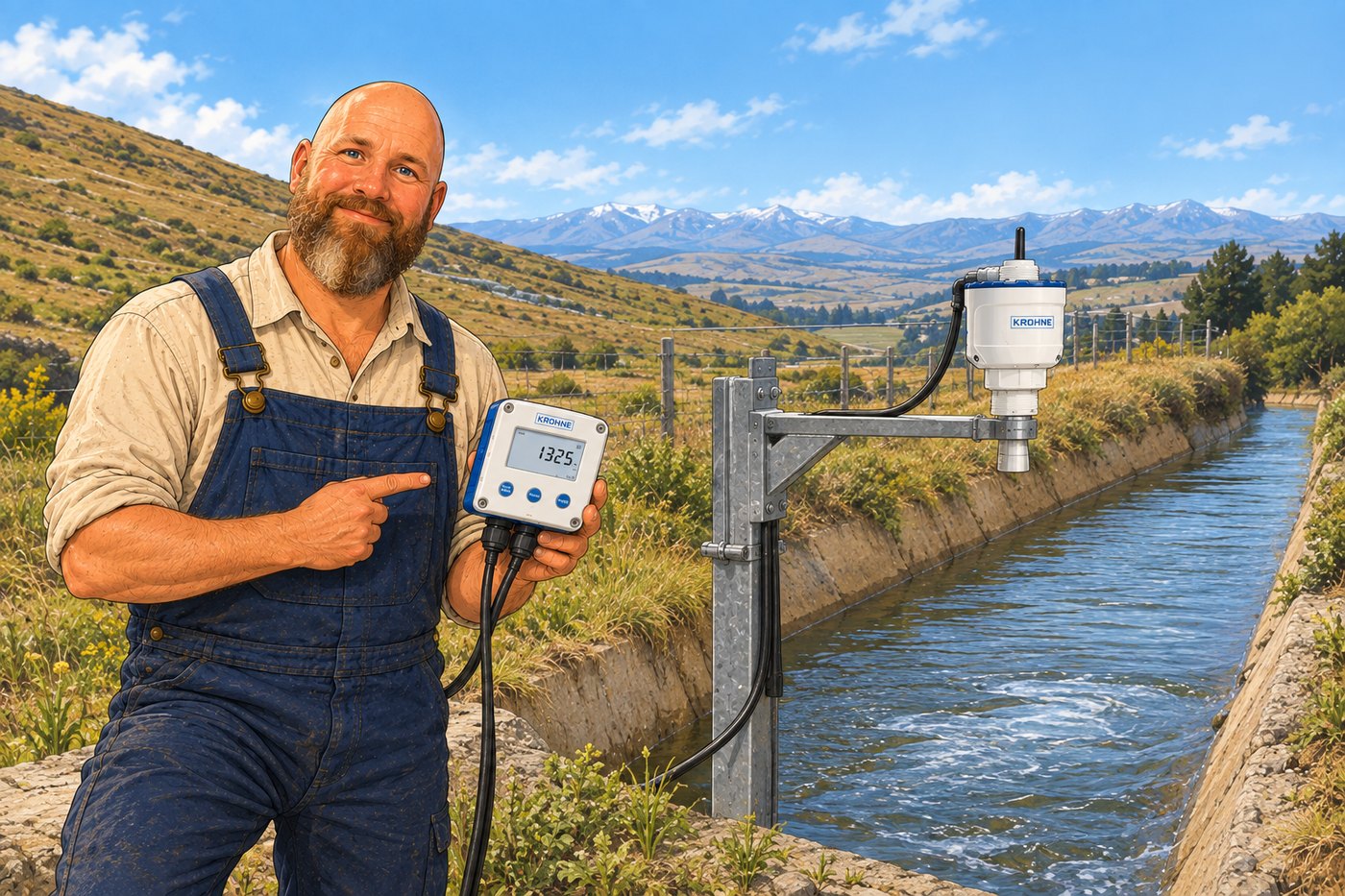 Illustration of a technician holding a KROHNE SCU 200 controller beside an OPTIWAVE radar mounted over an open irrigation channel, with hills and mountains behind