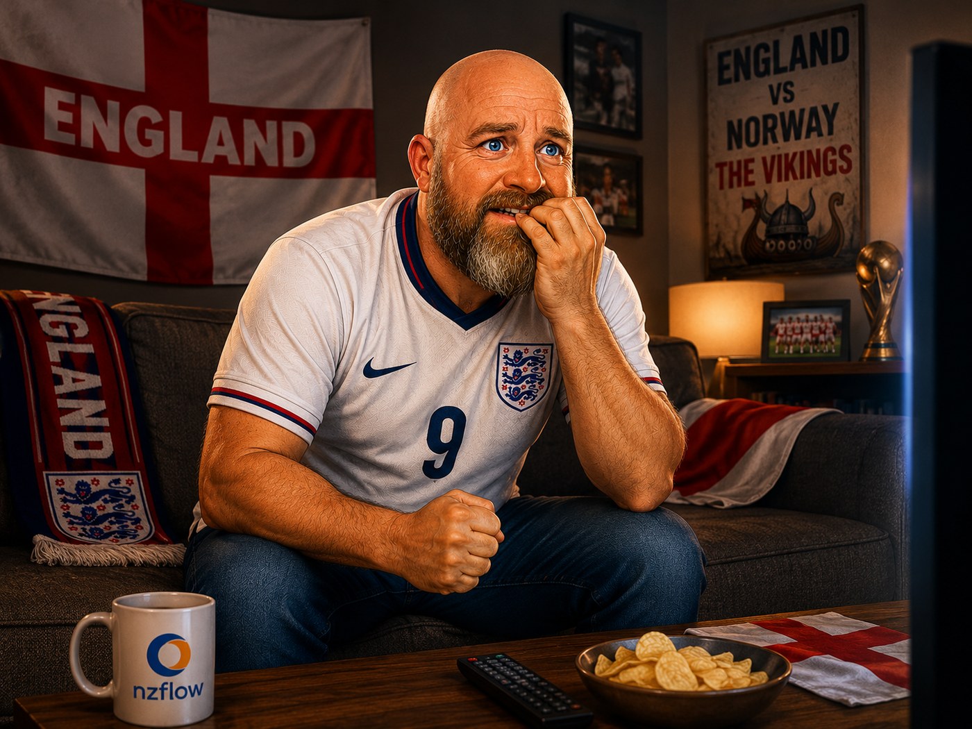Illustration of a nervous England football fan watching a match at home, biting his nails with an NZ Flow Group mug on the table