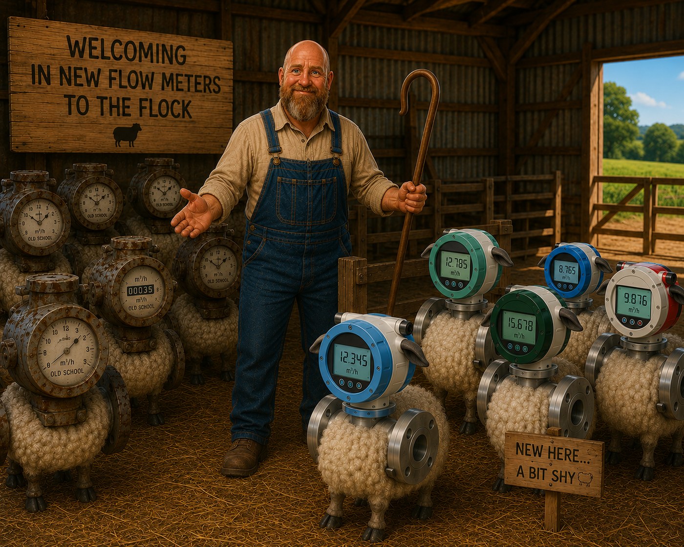 Illustration welcoming new flow meter models into the range, styled as a farmer with a flock of flow meters