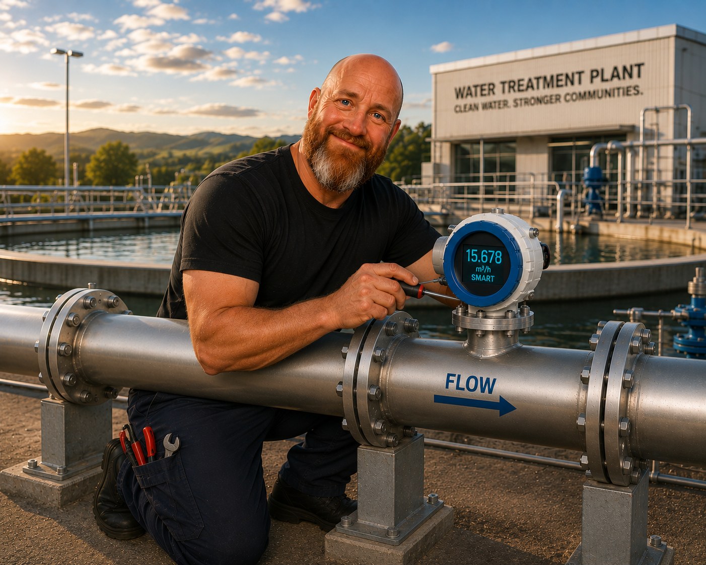 An engineer in a black shirt stands at a water treatment plant beside a blue smart flow meter, holding it up to the camera with the treatment plant building in the background