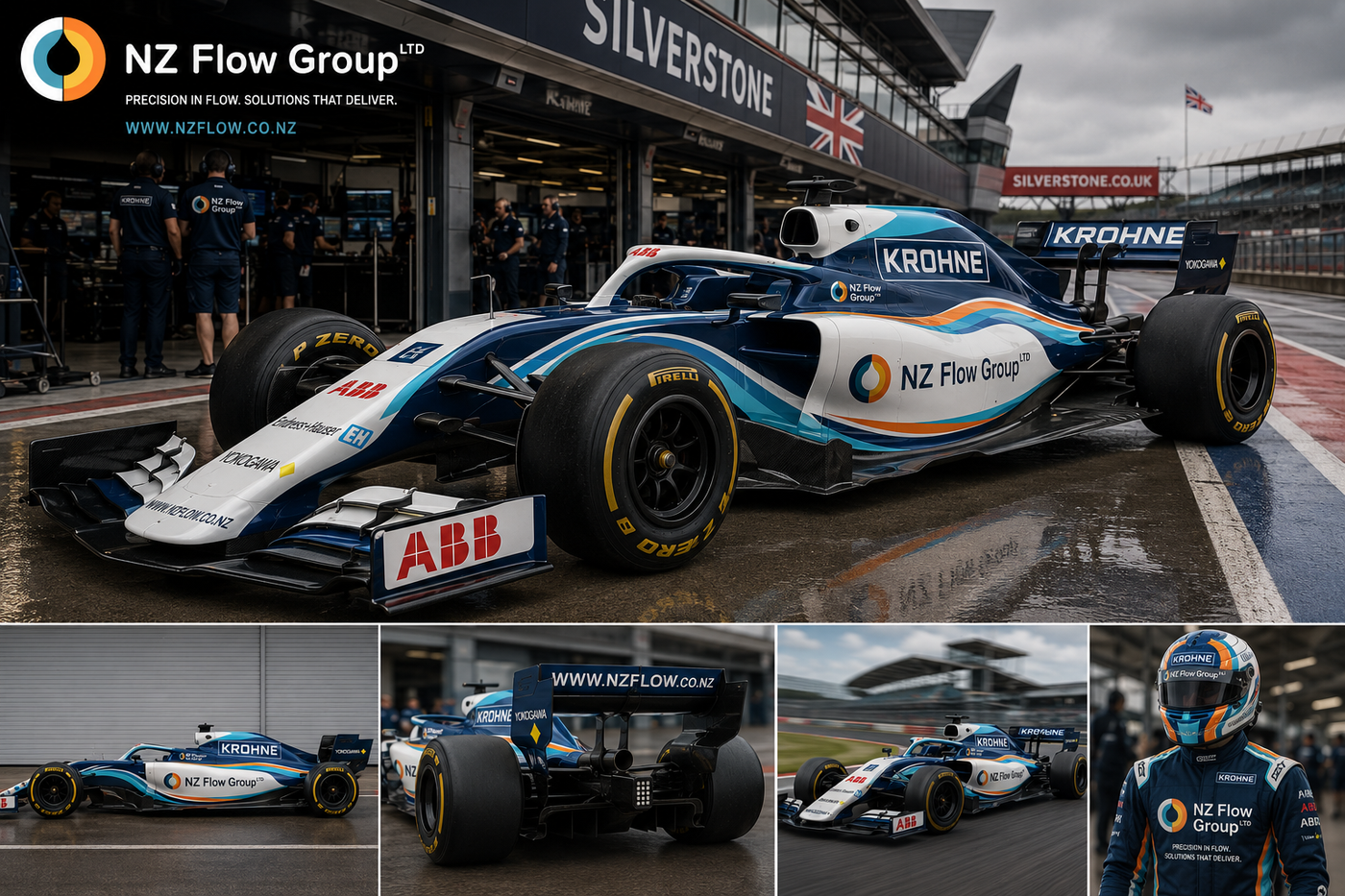 Concept image imagining an NZ Flow Group liveried Formula 1 car in the Silverstone pit lane, not a real car or sponsorship