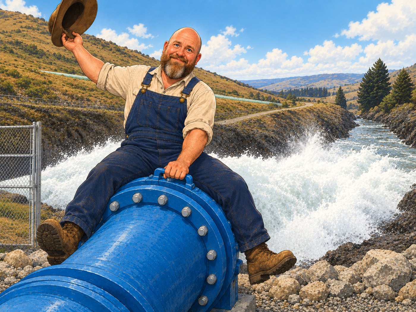 Illustration of a technician celebrating on the new low-level outlet pipe at Opuha Dam as water discharges into the river below