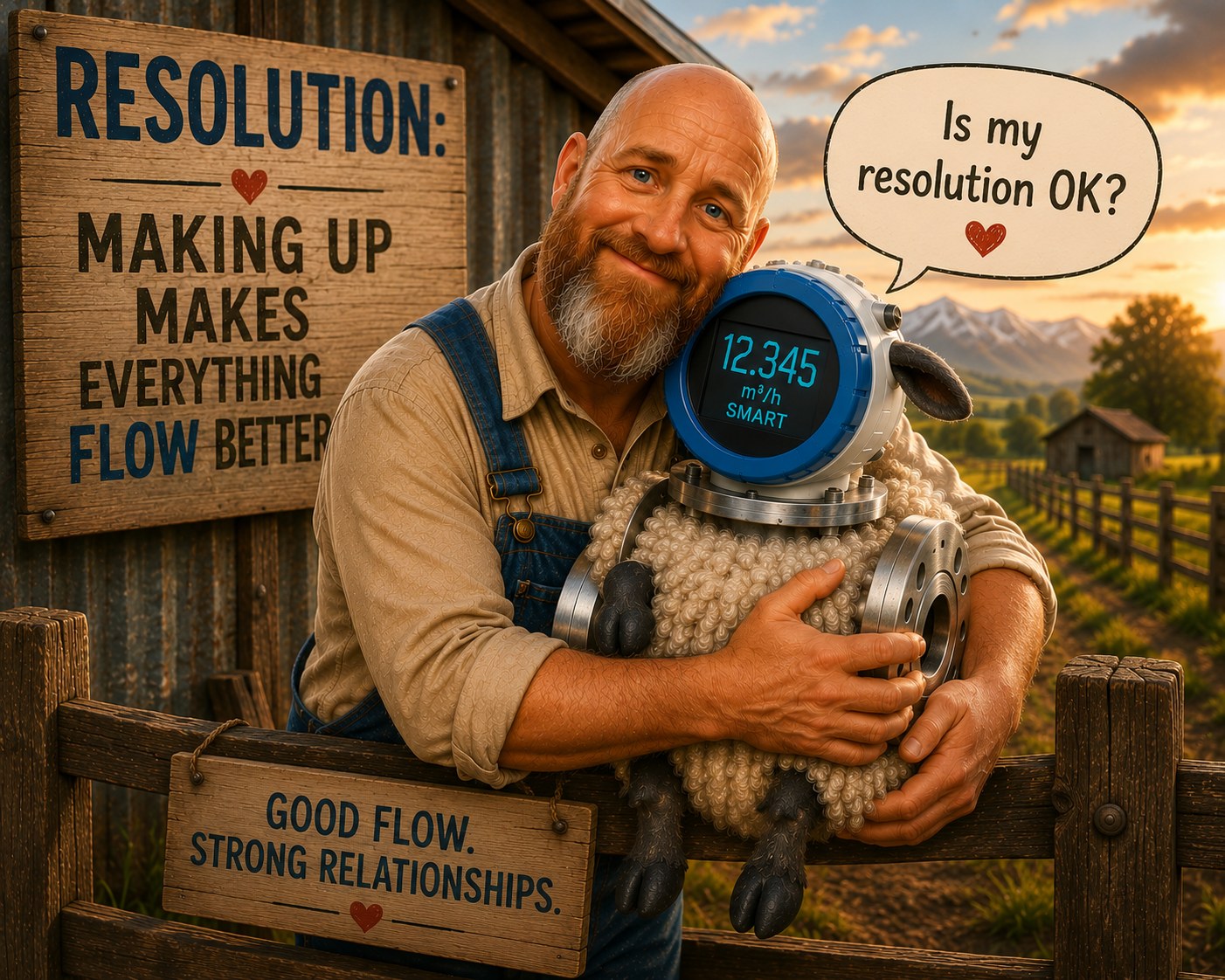 A farmer hugging a sheep-shaped smart flow meter at sunset, beside signs reading Resolution: making up makes everything flow better, and Good flow, strong relationships
