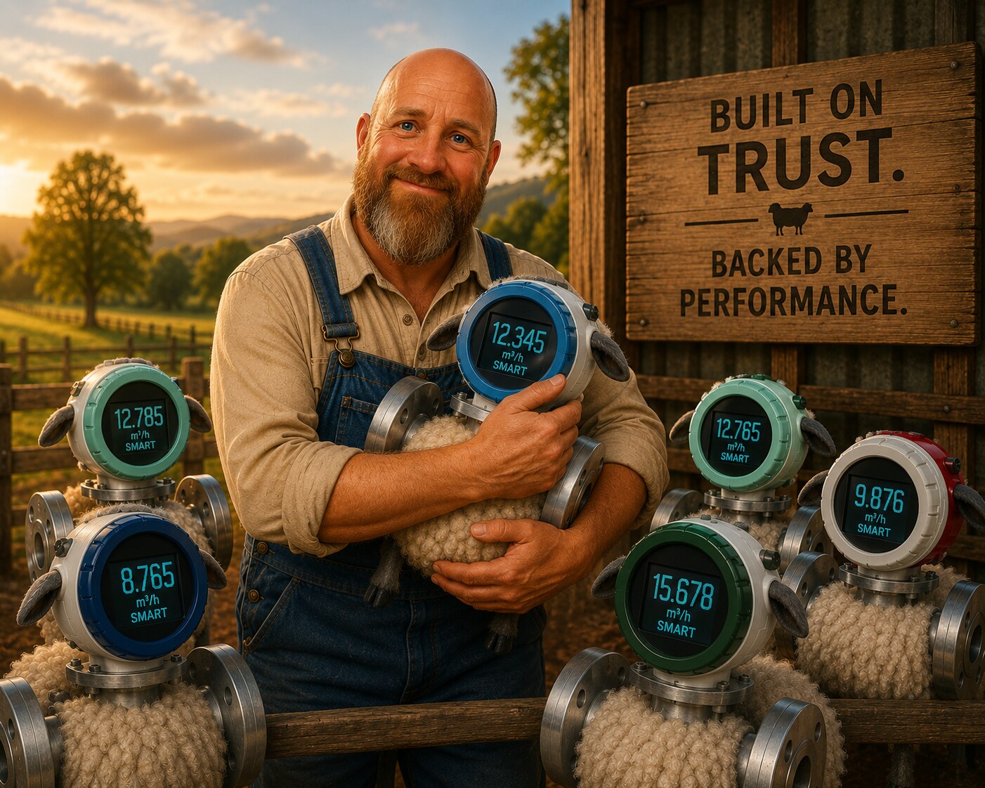 A farmer holding a lamb beside a row of smart flow meters displaying live readings, under a sign reading Built on trust, backed by performance