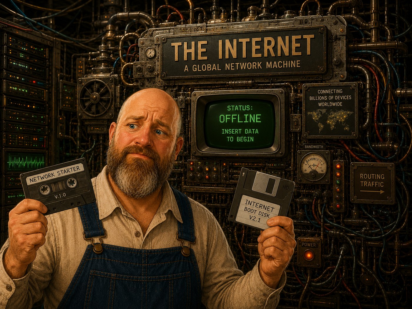 Illustration of a technician holding a cassette tape and a floppy disk in front of an elaborate machine labelled The Internet, a global network machine