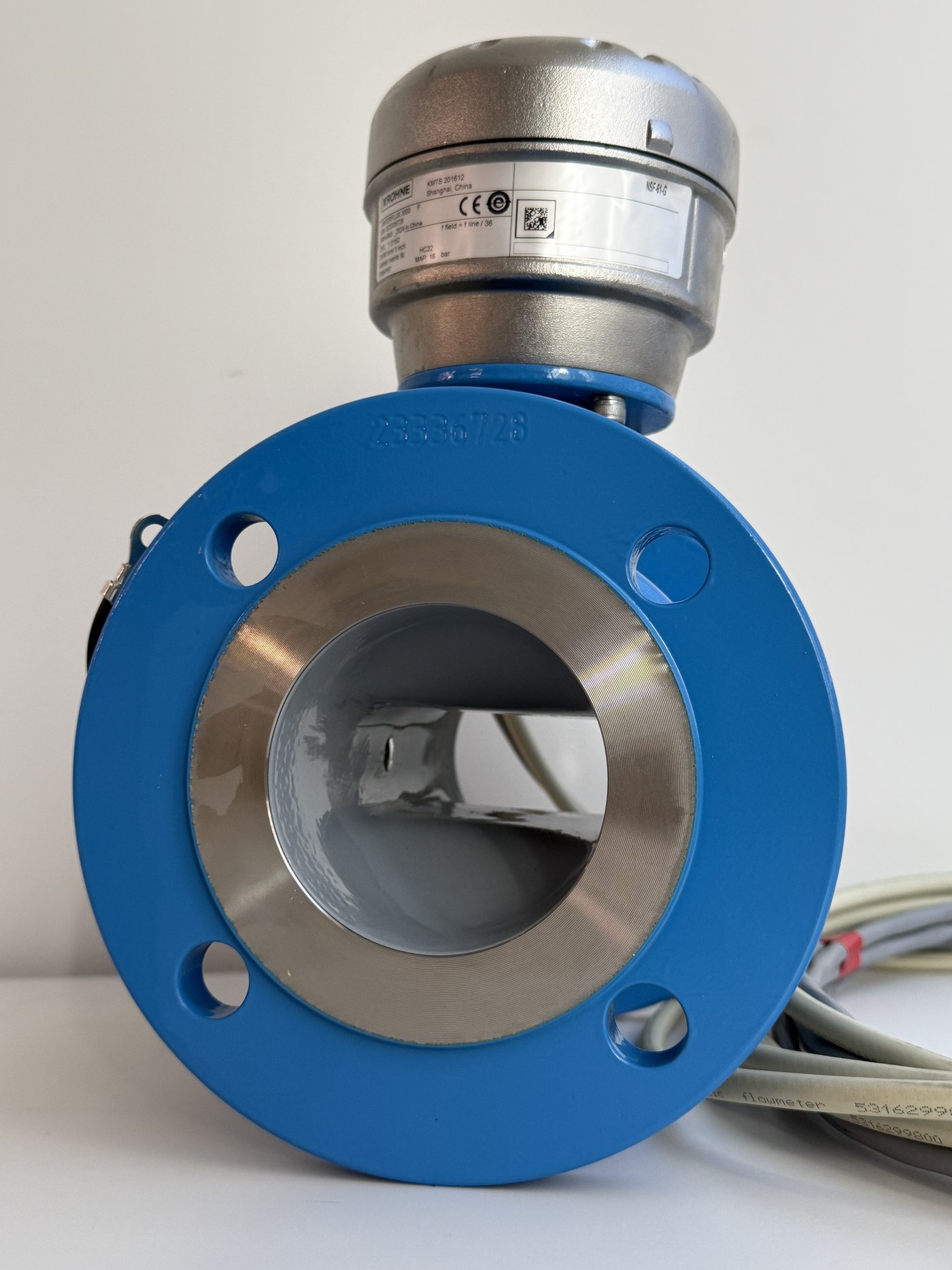 Krohne electromagnetic flow meter flange showing the reduced bore measuring section and electrodes